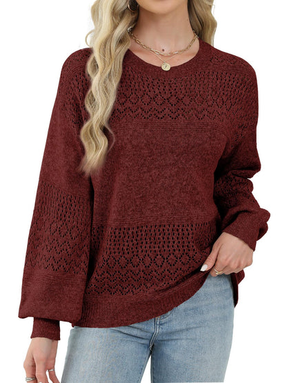 Lylinan Womens Sweaters Casual Boho Long Sleeve Shirts Crewneck Lightweight Crochet Tops Pullover Knit Sweater