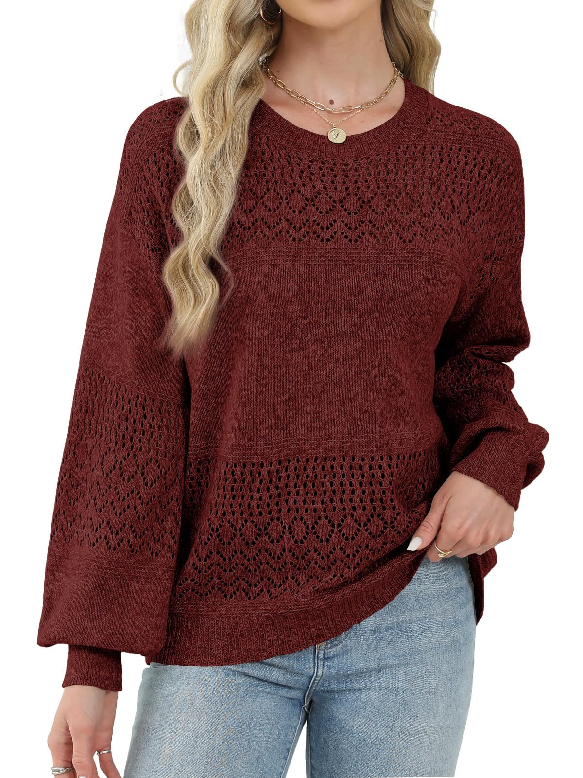 Lylinan Womens Sweaters Casual Boho Long Sleeve Shirts Crewneck Lightweight Crochet Tops Pullover Knit Sweater