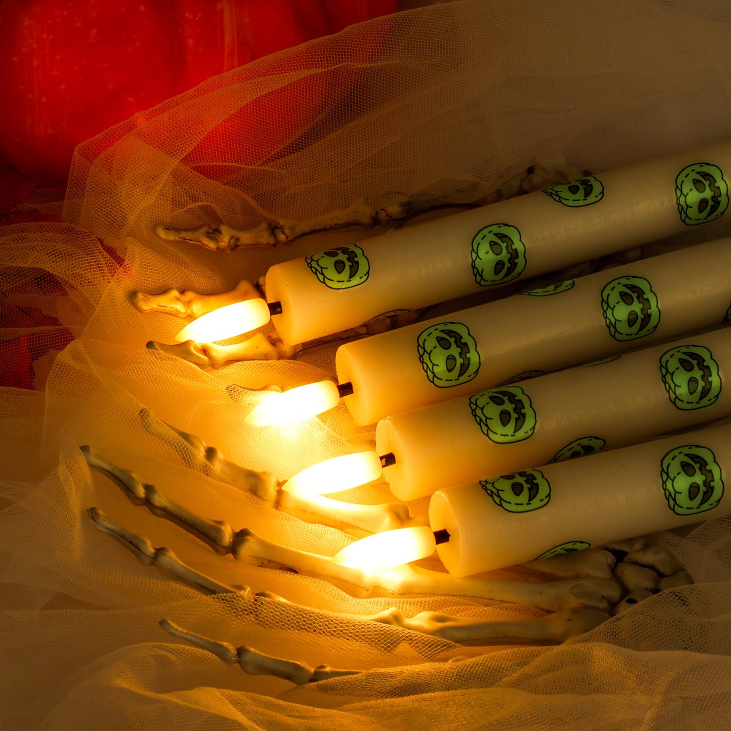 SEHNSY Halloween LED Flameless Taper Candles with Remote and Timer, 4 Pack Battery Operated Real Wax Candles with Glow in The Dark Pumpkin Face Stickers for Halloween Table Party Decor