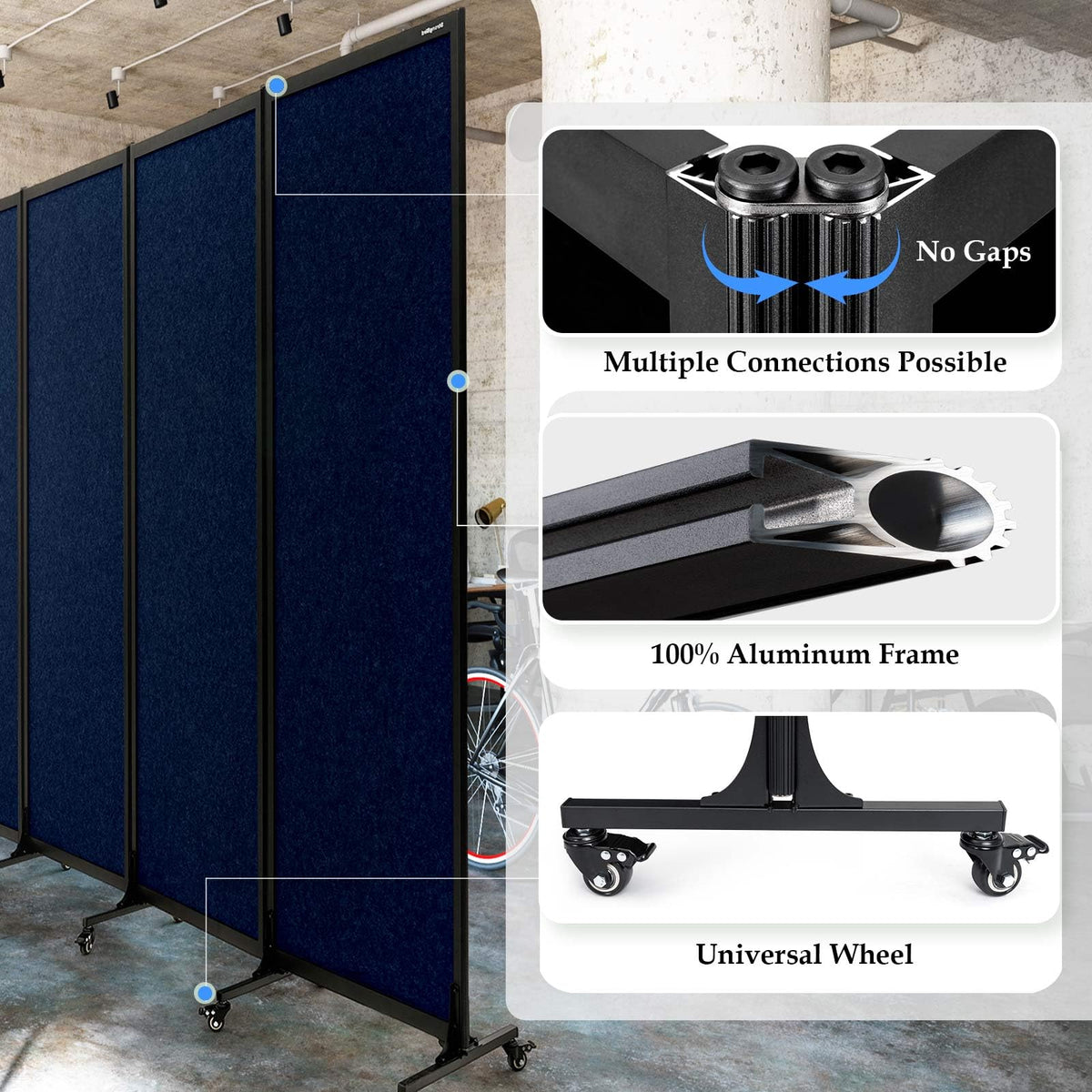 Upgrade Version Room Partition and Divider, Freestanding Rolling Dividers with Wheels,Office Privacy Screen Divider Wall,Classroom Felt Dividers,10'6"L* 6'7"H,5 Panel,Blue