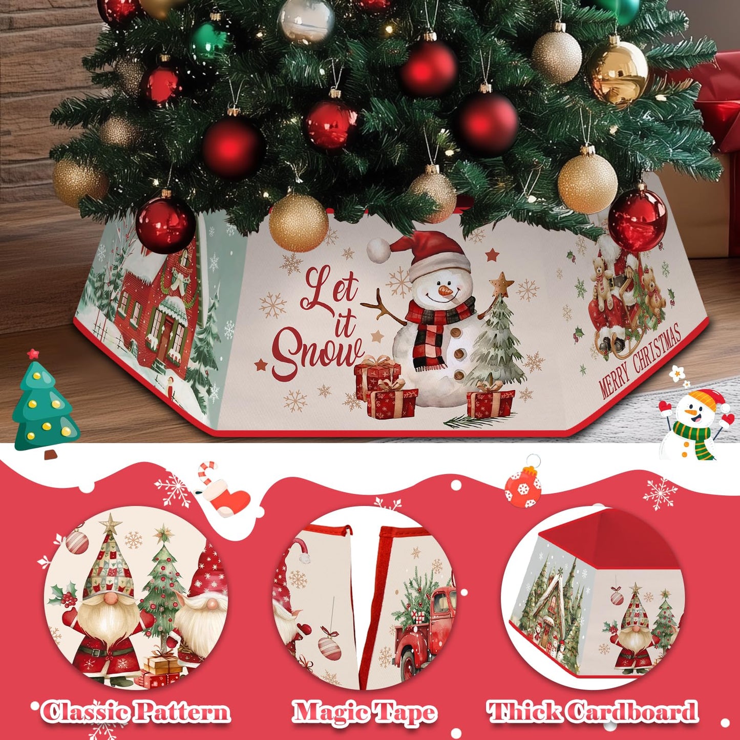 Christmas Tree Collar for Artificial Trees, Red Winter Snowman Truck Santa Claus Rustic Country Christmas Decoration, Fabric Hexagonal Base Tree Collar Skirt for Xmas Tree Decorations Holiday Party