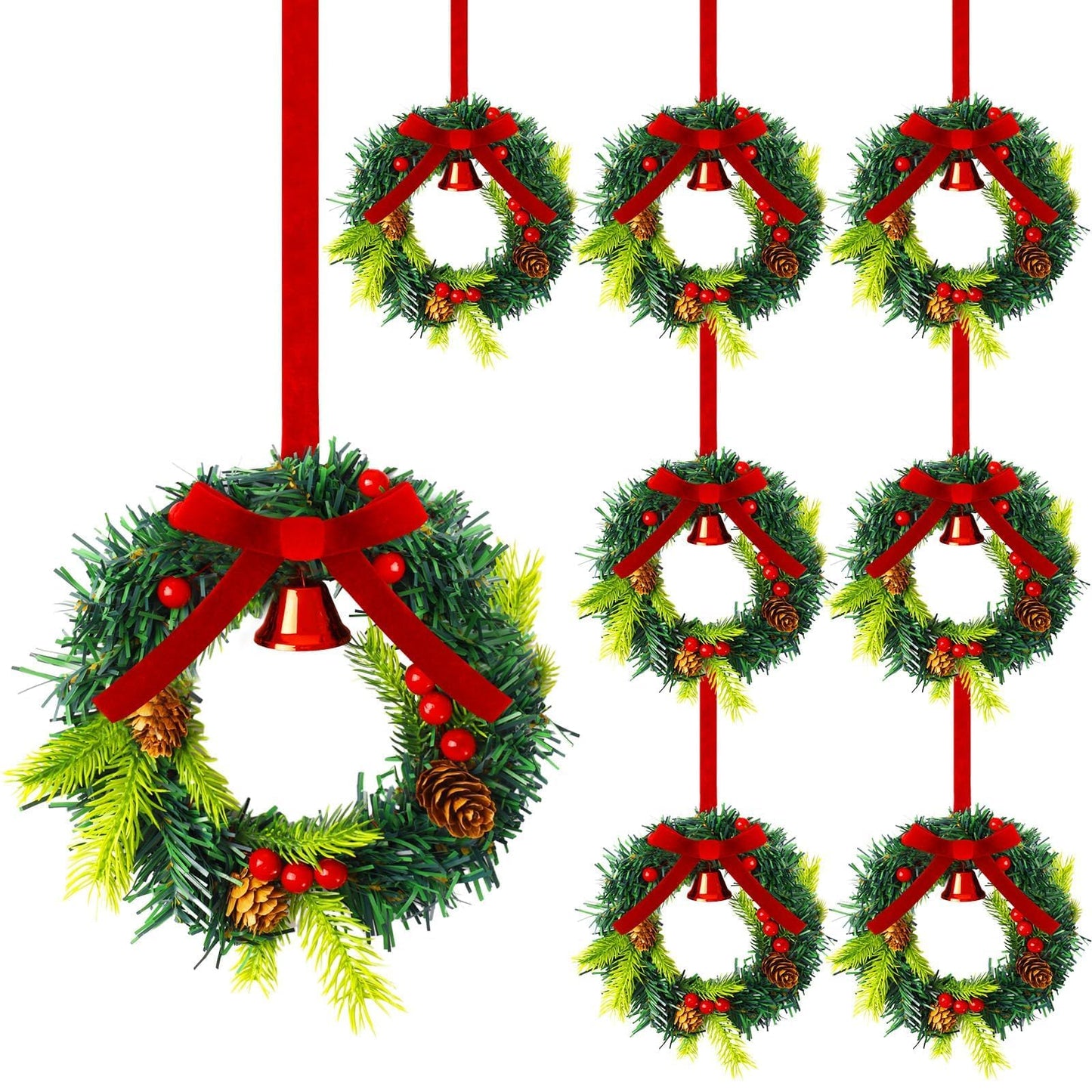 Wurosi 8 Pcs Mini Christmas Wreath, 7.87 Inch Christmas Kitchen Cabinet Wreaths with Velvet Ribbon and Berry, Small Christmas Wreaths for Cabinets Window Front Door Porch Wall Decor