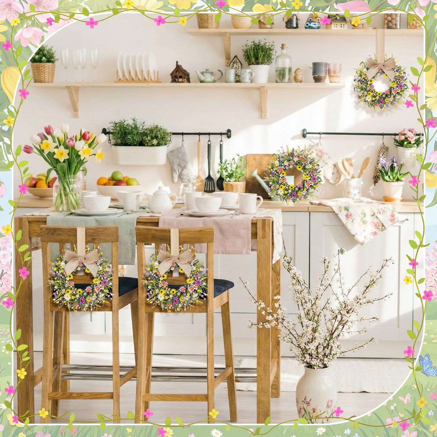 Dingion 6 Pcs 6" Mini Spring Cabinet Wreaths Spring and Summer Wildflower Candle Rings Wreaths for Kitchen with Ribbon Small Floral Wreath for Window Door Farmhouse Wedding Decorations