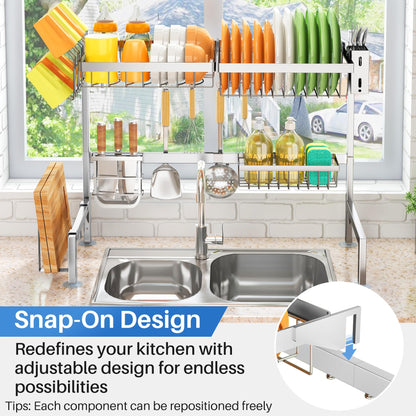 Over The Sink Dish Drying Rack, Full Stainless Steel 2-Tier Kitchen Counter Dish Drainer Rack Adjustable (33.8 to 41.5 inch), Expandable Dish Drying Rack with Kitchen Accessories, Silver