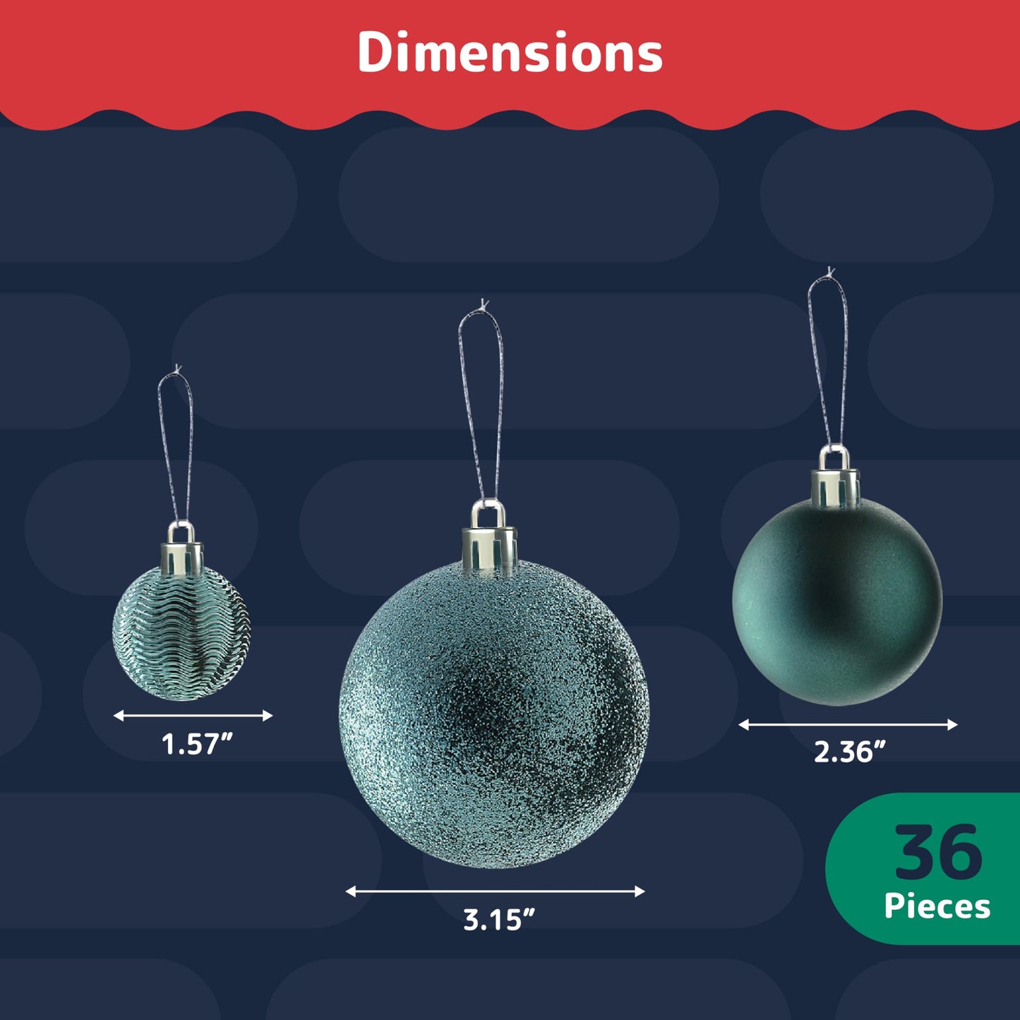 Prextex 36-Pieces Christmas Ornaments Set - Shatterproof, Festive Olive Green Christmas Tree Balls Decorations in 3 Sizes and 6 Styles with Hanging Loops for Tree, Wreath, Dazzling Holiday Party Decor