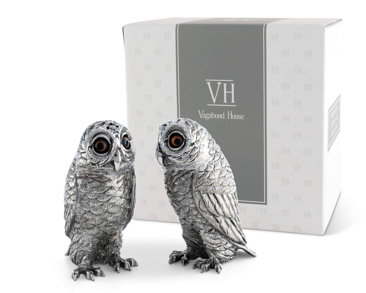 Vagabond House Pewter Metal Owl Salt and Pepper Shaker Set with Hand-Painted Eyes Thanksgiving Harvest Table 3.75 inch Tall
