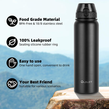 OLDLEY Stainless Steel Water Bottle with Straw 1L Vaccum Insulated Large Drink Flask Metal Water Bottles 1 Litre Leakproof Keep Drinks Hot Cold for Bike Sports Gym Adult Women Men(Black,1 Lid)