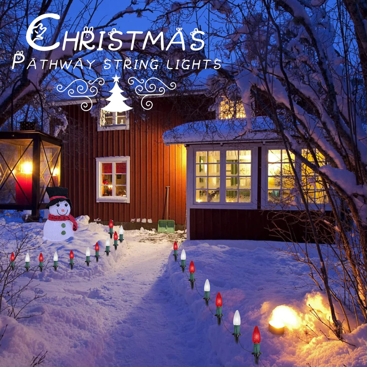C9 LED Christmas Lights Outdoor with Stakes, 25.7 Feet 20 LED C9 Strawberry String Lights, Connectable Shatterproof Pathway Lights Marker for Path, Lane, Patio, Xmas Holiday Decorations, Red and White