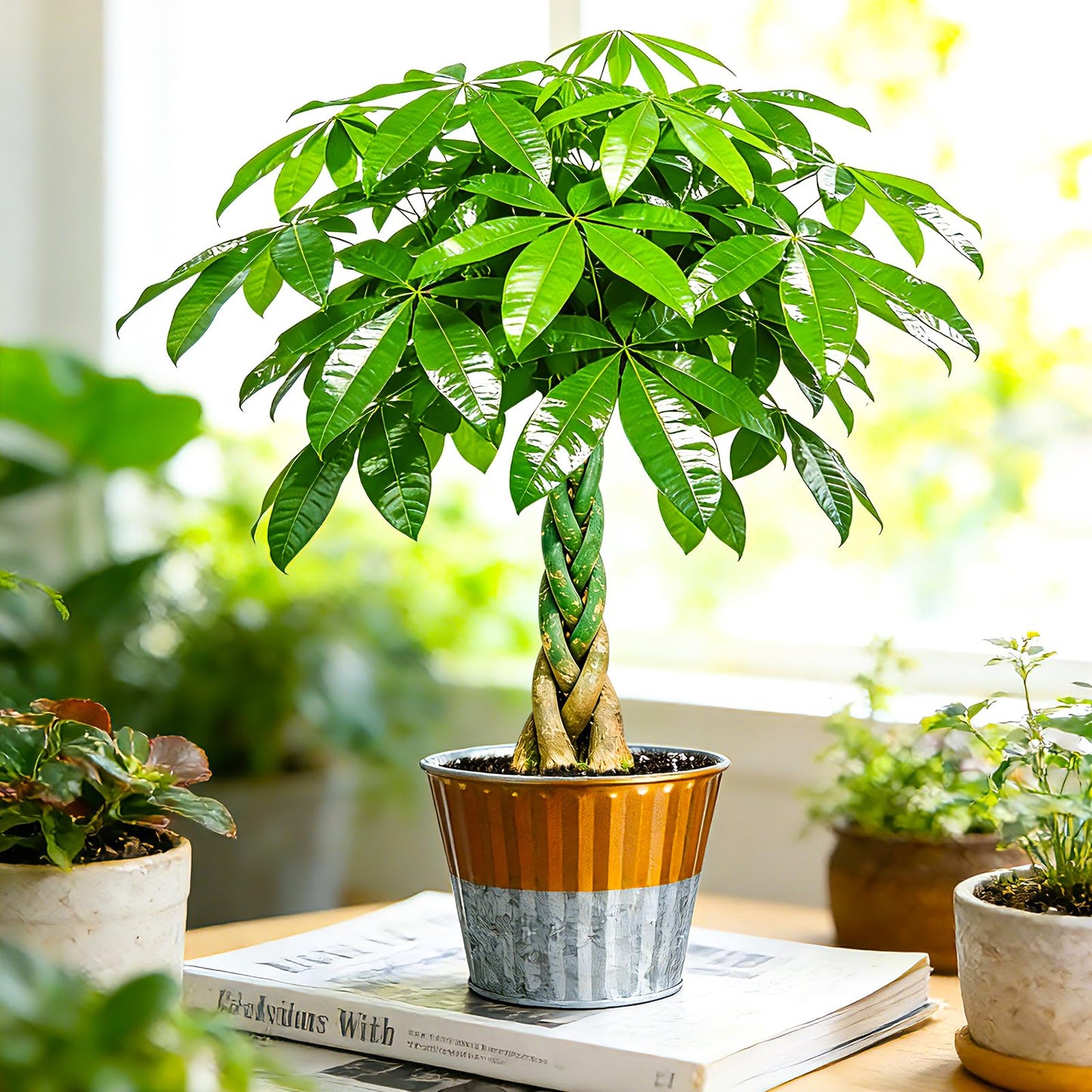Live Plants Money Tree in 4" Gold-Gray Pot, Easy to Grow Houseplant, Indoor Bonsai, Home Office Decor, Birthday Housewarming Gift