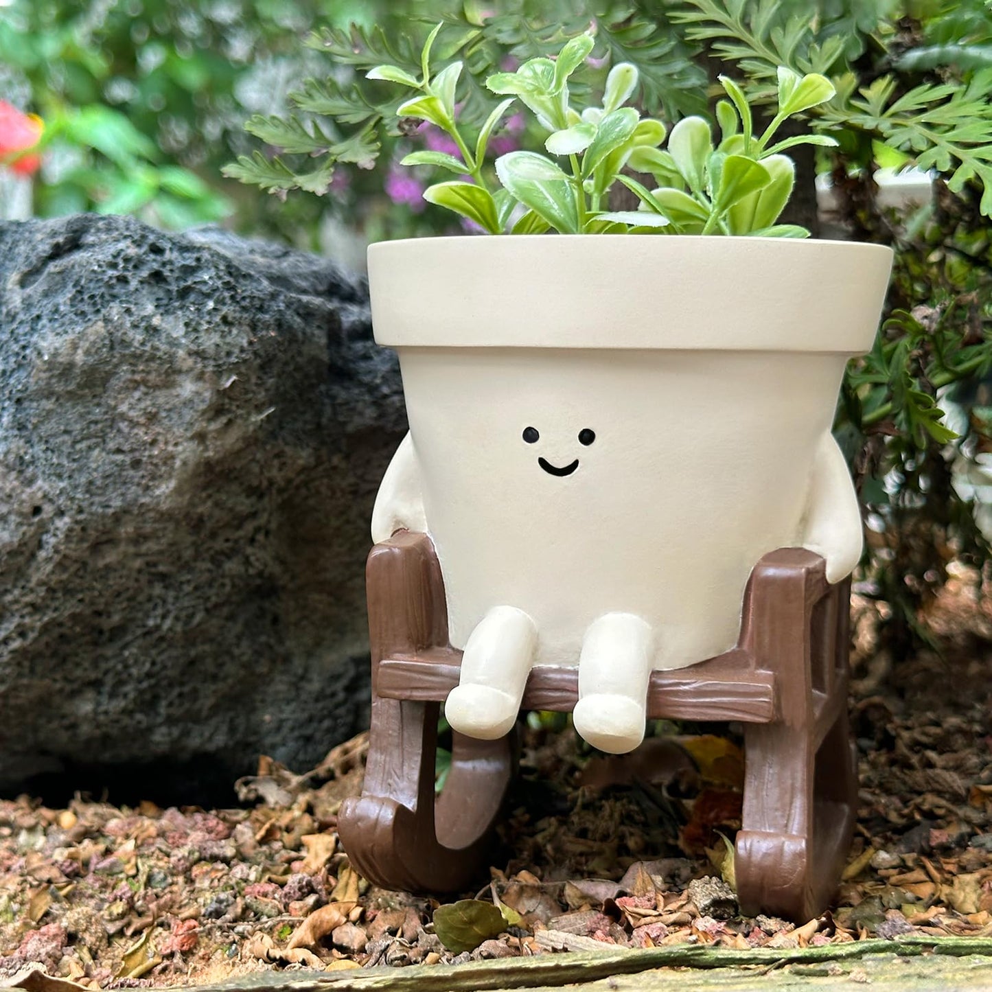 Smiley Face Planter Pot Small, Cute Resin Flower Head Planters for String of Pearls Plant Live Indoor Outdoor Unique Sit Rocking Chair Succulent Pots Gift Ideas for Family Friends with Drainage Hole