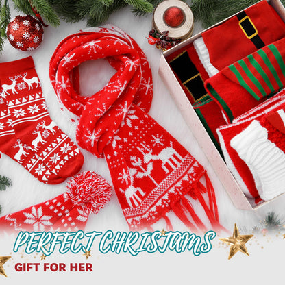 Liitrsh 12 Pack Christmas Winter Accessories Set, 4 Christmas Beanies 4 Knitted Scarves and 4 Pairs of Holiday Socks Soft Warm Xmas Hat Scarf Sock Set for Family Parties Gifts