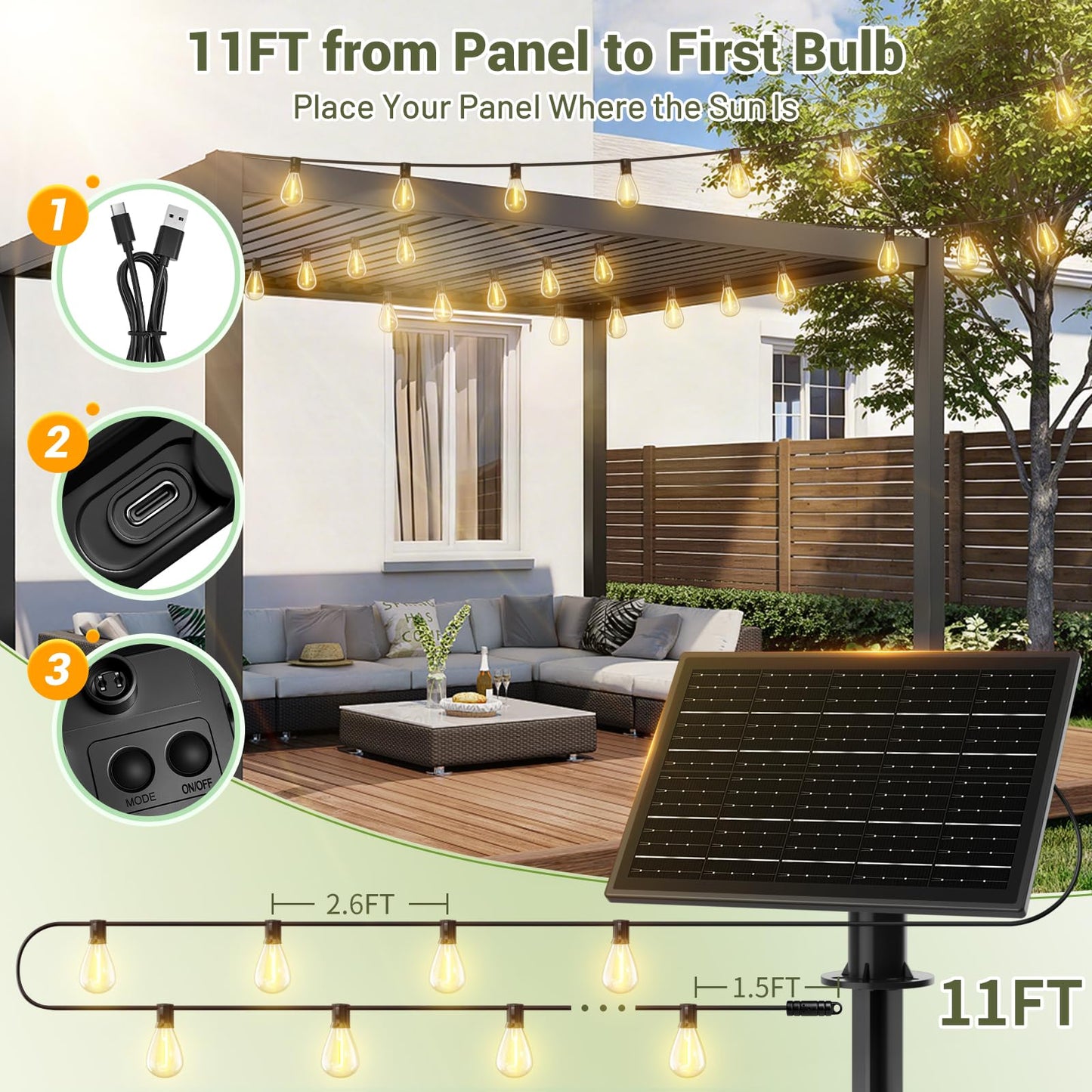 Amzrap 200FT Solar String Lights Outdoor Waterproof 72+2 LED Bulbs, Solar Powered with Remote & USB Port, 3 Light Modes Dimmable Patio Lights for Large Backyard, Garden, Party