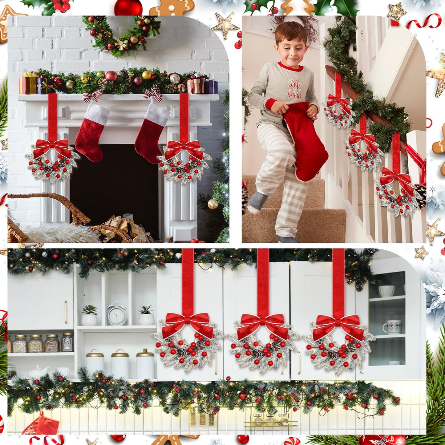 Dingion 6 Pcs 6 Inch Christmas Mini Cabinet Wreaths for Kitchen with Ribbon Bows Red Berry Small Winter Window Wreath Garland for Door Window Farmhouse Christmas Party Decorations