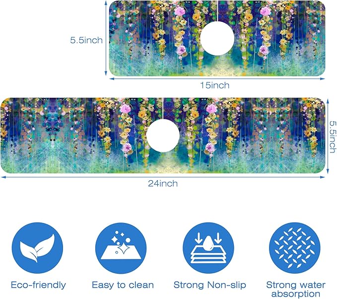 Abstract Watercolor Floral Kitchen Sink Splash Guard Mat Absorbent Fast Drying
