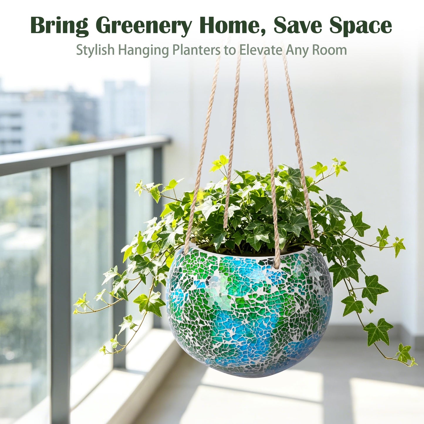 Chonsun Hanging Planter Mosaic Garden Pot Small Flower Pot for Indoor Plant Disco Ball Hanging Planter with Drainage Green