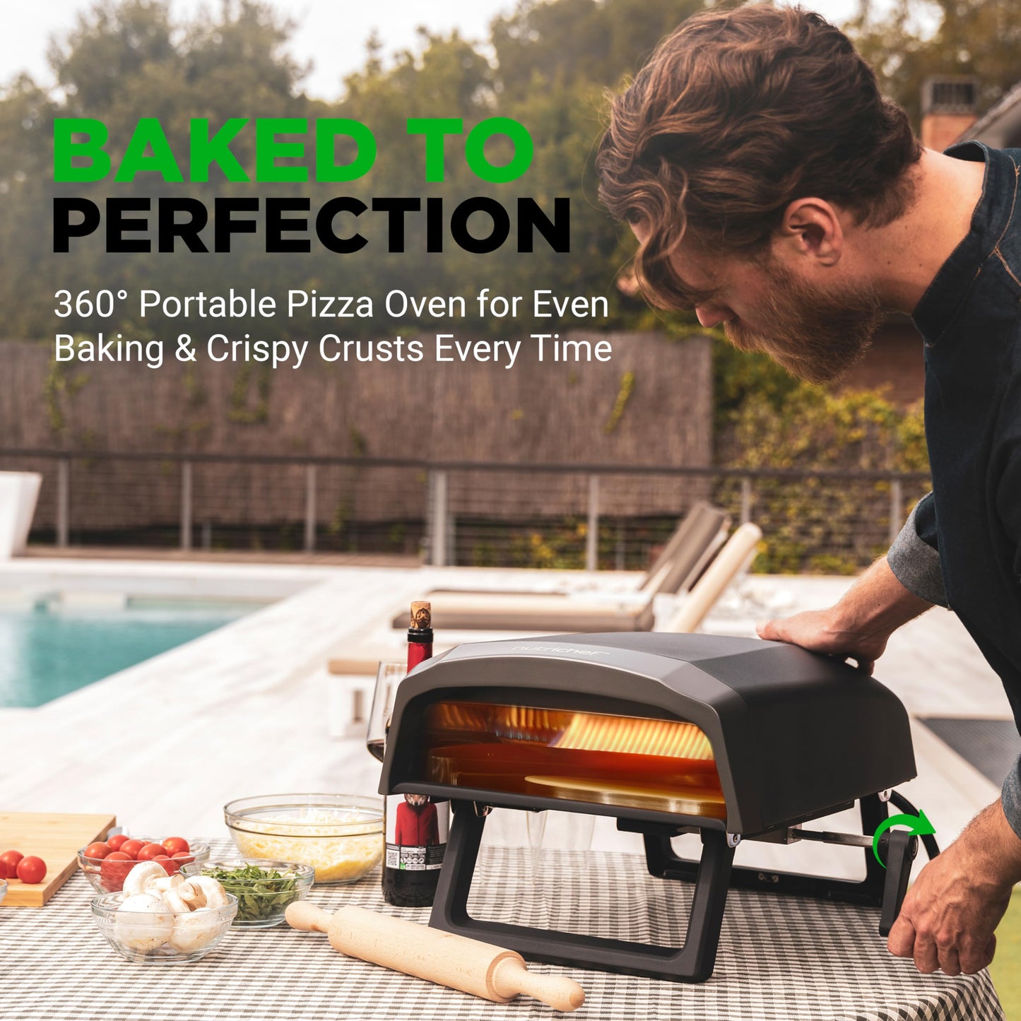 NutriChef Outdoor Pizza Oven with 360° Rotating Pizza Stone | Cooks 12" Pizza in 60 seconds | Adjustable Heat Control Dial, Includes Pizza Peel, Stone & Regulator with Hose | Short Handle