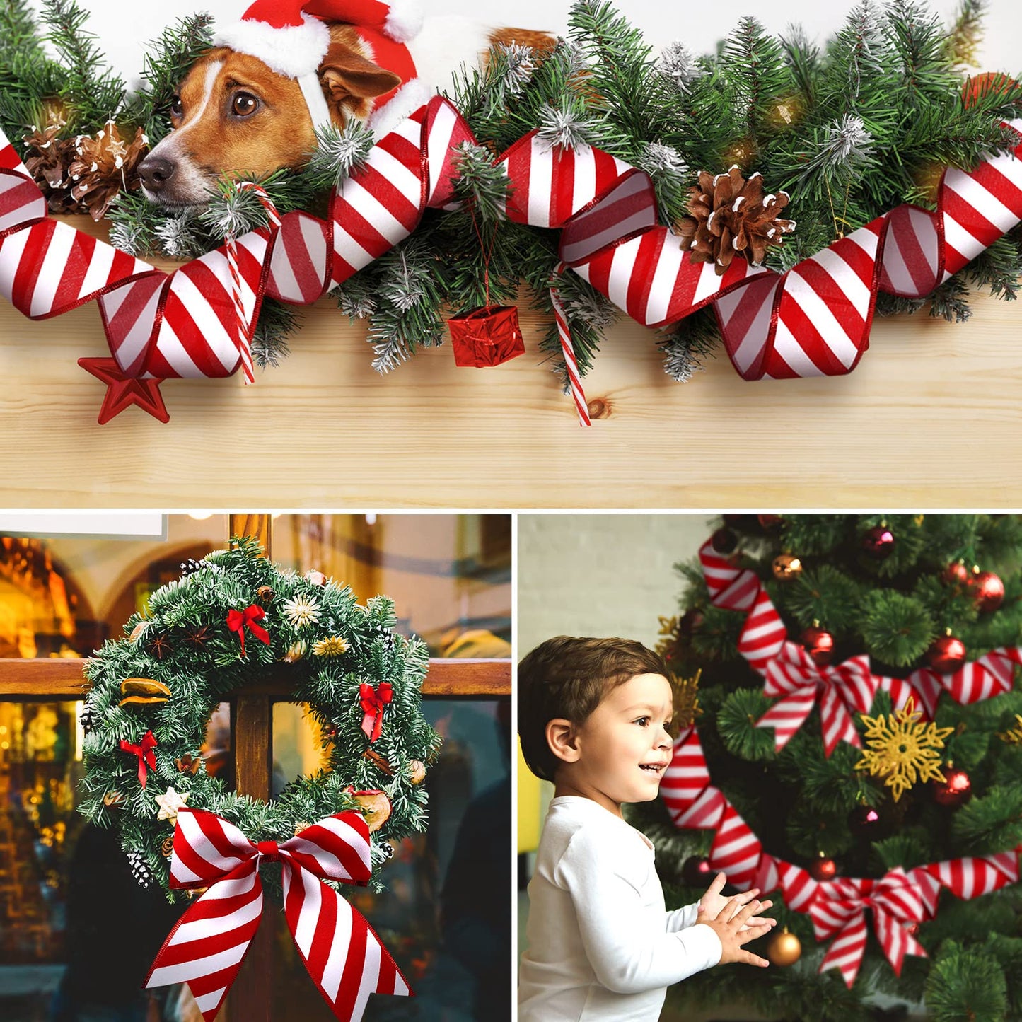 2 Rolls 2.5 Inch x 6 Yards Christmas Red and White Ribbon Christmas Candy Cane Wired Edge Ribbons DIY Craft for Xmas Tree Decorations Wreath Bows Making Gift Wrapping(Diagonal Stripes)