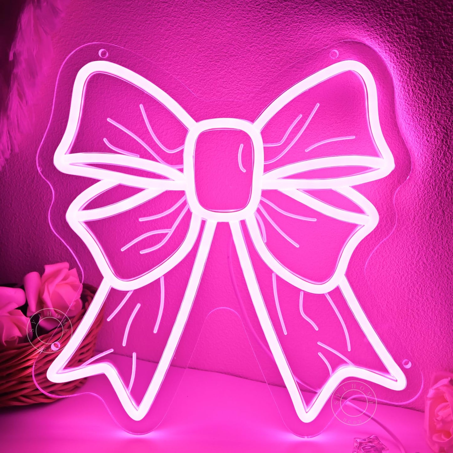 SYLHOME Pink Bow Led Neon Light Sign Cute Girls Kids Bedroom Nursery Game Room Wall Sign Decor Beauty Salon Wedding Birthday Party Backdrop 11.8" X 11.8" USB