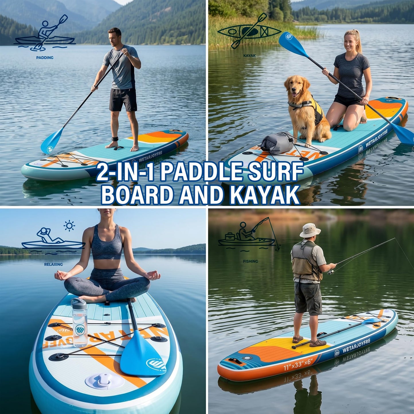 WETARJOYFRE Inflatable Stand Up Paddle Board, 11' x 33" x 6" Extra Wide SUP with Premium Accessories, Non-Slip Deck ISUP for All Skill Levels, Adults, Youth, Fishing, Yoga, Floating on Ocean & Lake
