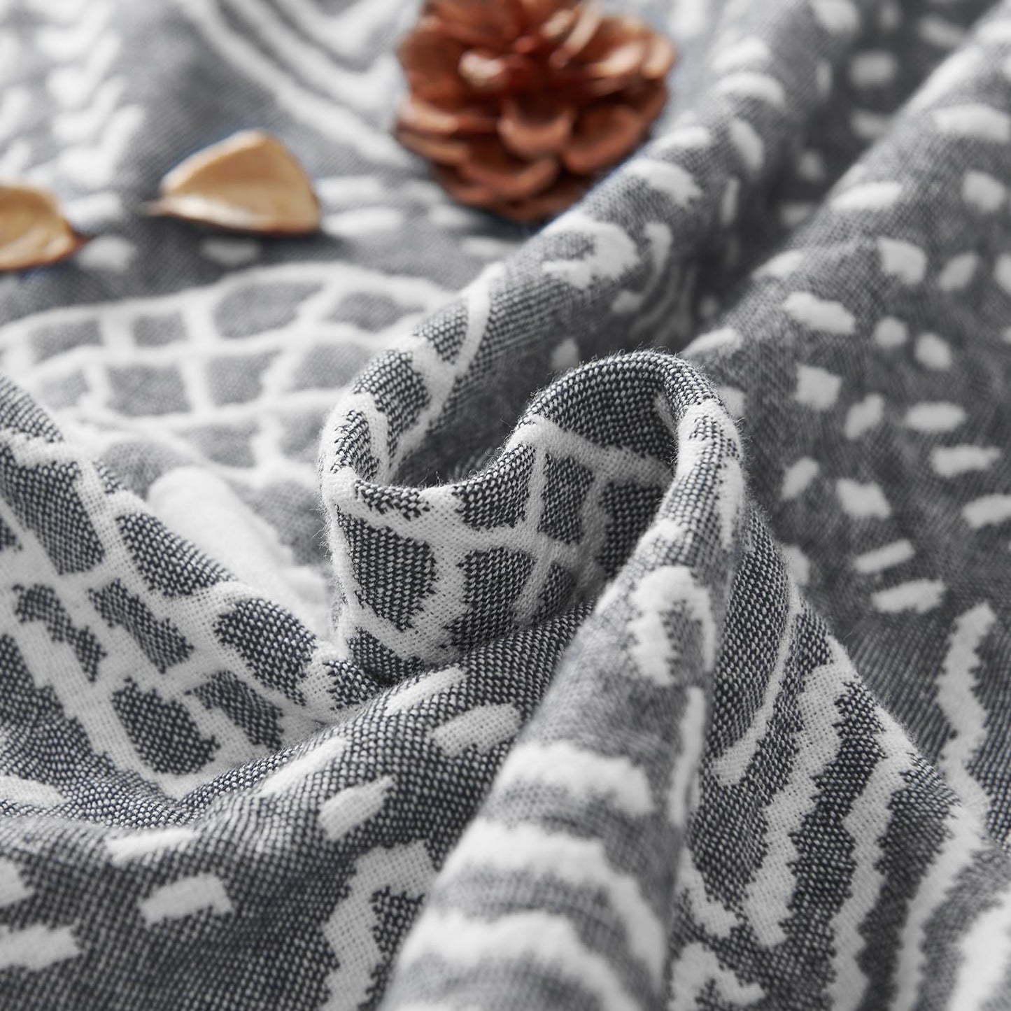JINCHAN Boho 100% Cotton Muslin Blanket 3-Layer Twin Size Geometric Lightweight Reversible Soft Cozy Throw for Couch Sofa Bed All Season Coverlet Ideal Gift Bedroom Living Room Decor Grey 60x80 Inches