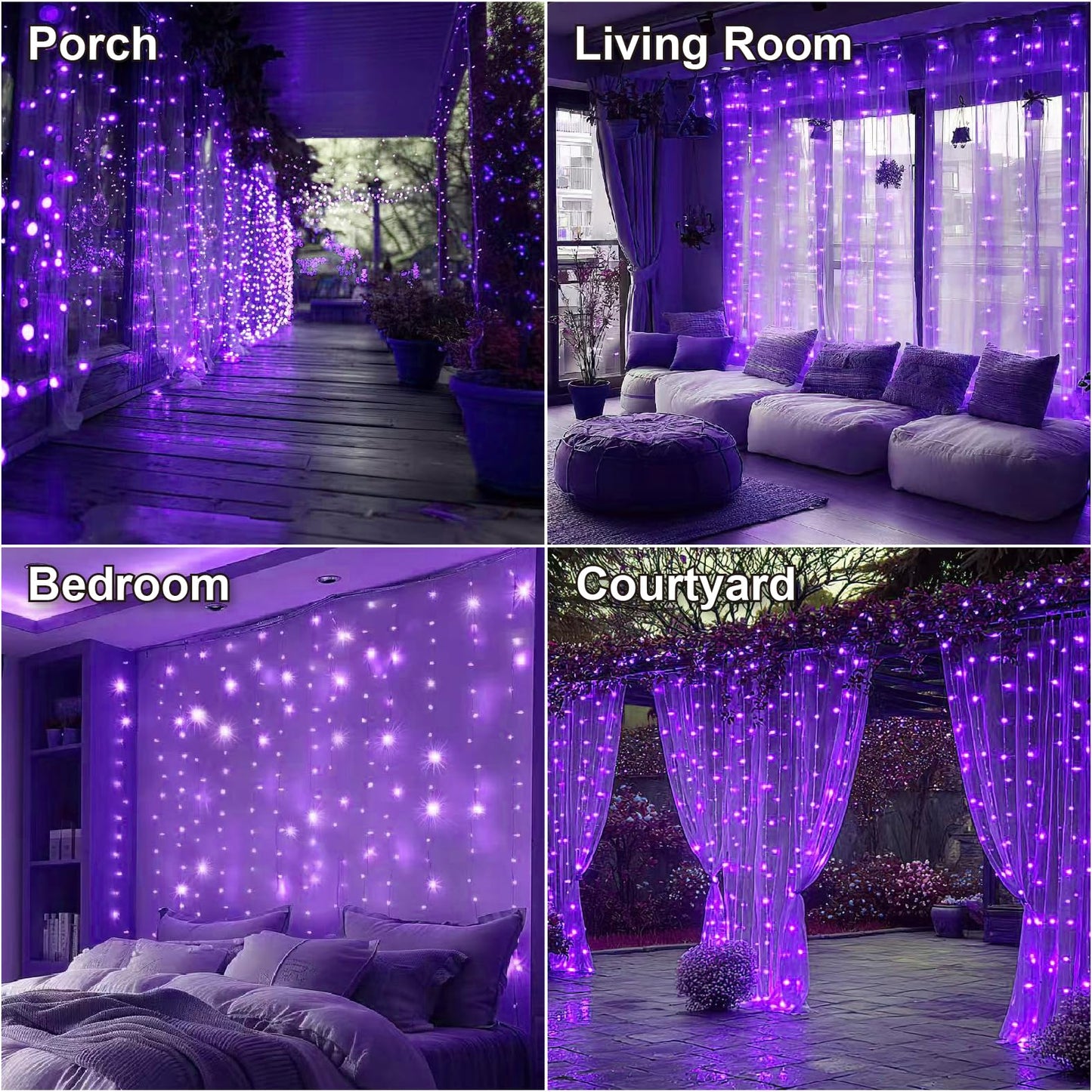 HXWEIYE 300LED Fairy Curtain Lights, 9.8x9.8Ft USB Plug-in 8 Modes Christmas String Hanging Lights with Remote for Bedroom Backdrop Wedding Indoor Wall Decor, Purple, Standard – 1 Pack
