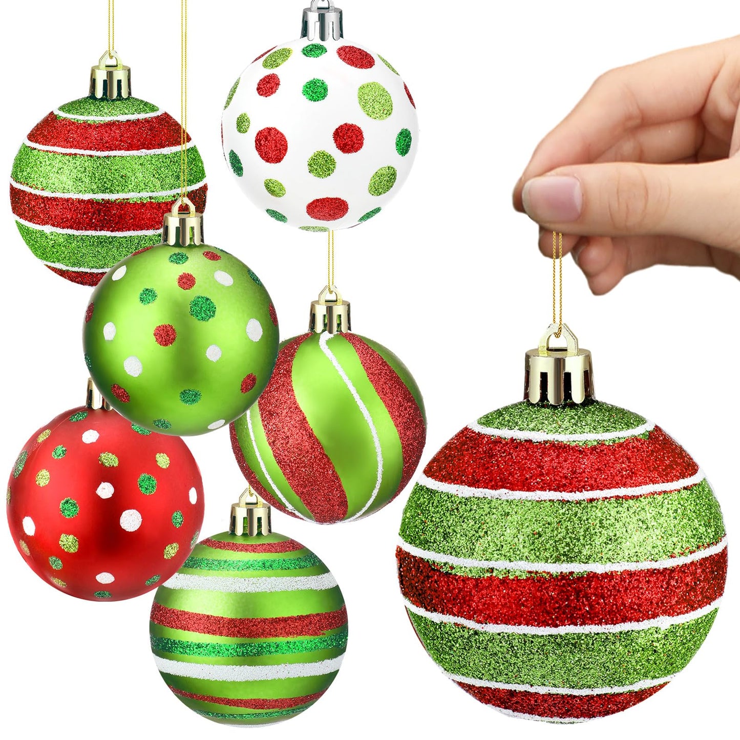 Liliful 6 Pcs Christmas Tree Ornaments 3.9'' Glitter Red Green White Hanging Ball Large Plastic Balls Swirl Candy Cane Peppermint Big Christmas Pendants Baubles for Holidays Xmas Tree Decoration