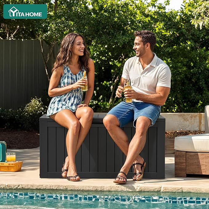 YITAHOME 72 Gallon Outdoor Resin Deck Box with Wheels, Pool Storage Box for Outdoor Cushions, Sports Equipment, Garden Tools, Black