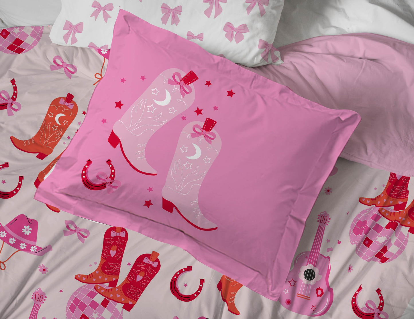 Jay Franco Kids Bed Set, Pink, Cowgirl Boots & Bows, 7 Piece Queen