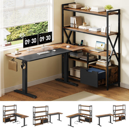 Homiflex 77.8 Inches L Shaped Standing Desk Corner Desk with Hutch Electric Height Adjustable Desk with Storage Shelves File Drawer Power Outlets Reversible Computer Gaming Desk for Home Office, Brown