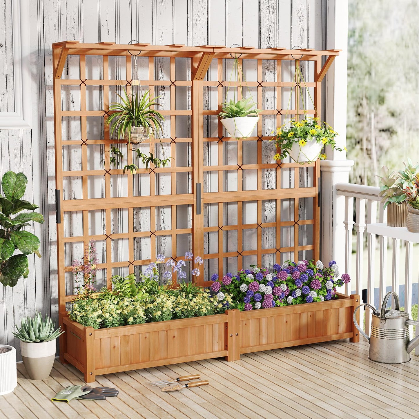 Toolsempire 72" Raised Garden Bed with Lattice Trellis, Hanging Roof & Drainage Holes, Elevated Wooden Planter Box for Vine Climbing Plant, Flower, Herb & Vegetable