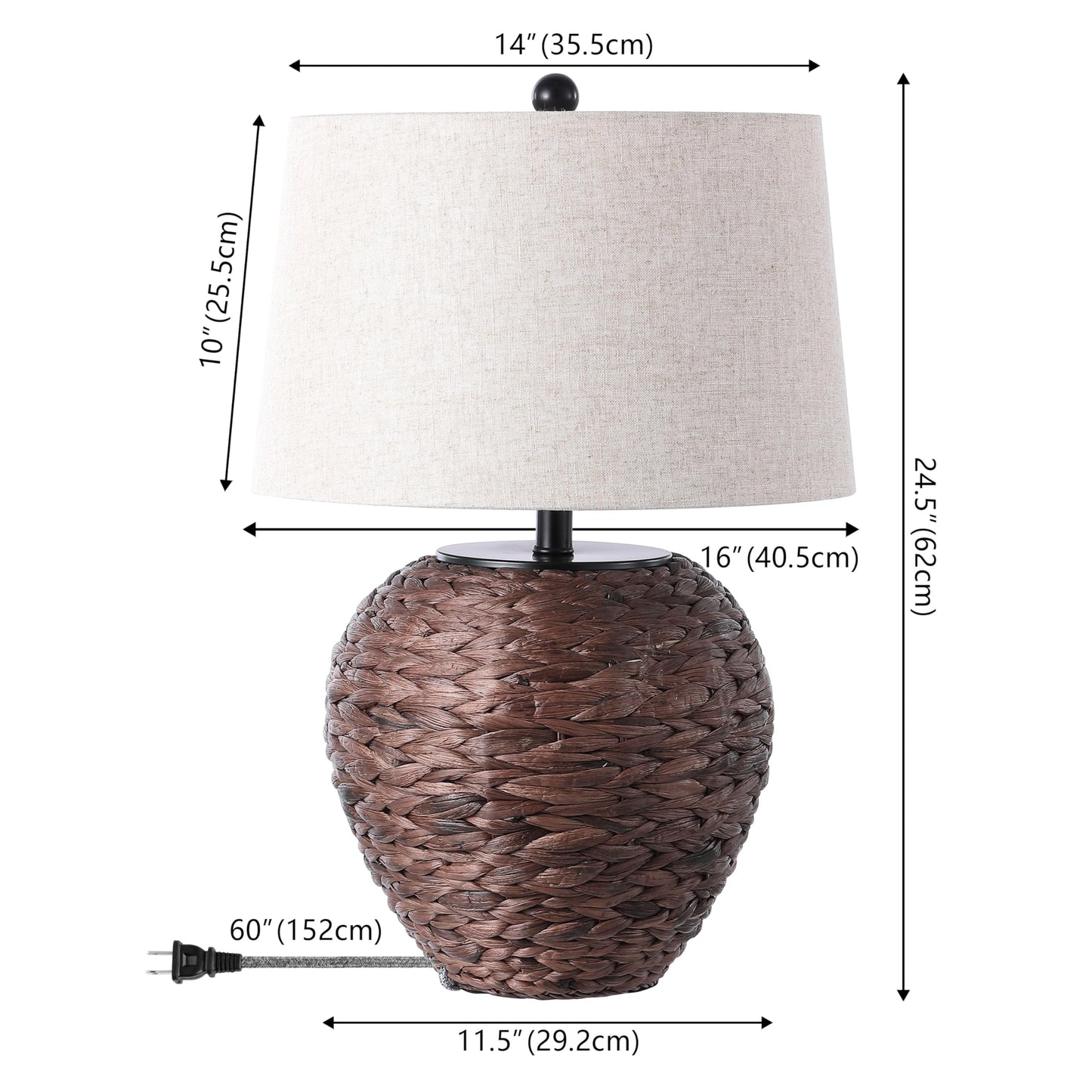 JONATHAN Y 24.5" Dark Brown Water Hyacinth Farmhouse Basket Table Lamp, Coastal Decor for Living Room Bedroom Nightstand, Light Gray Linen Shade, LED Bulb Included (JYL6501B)