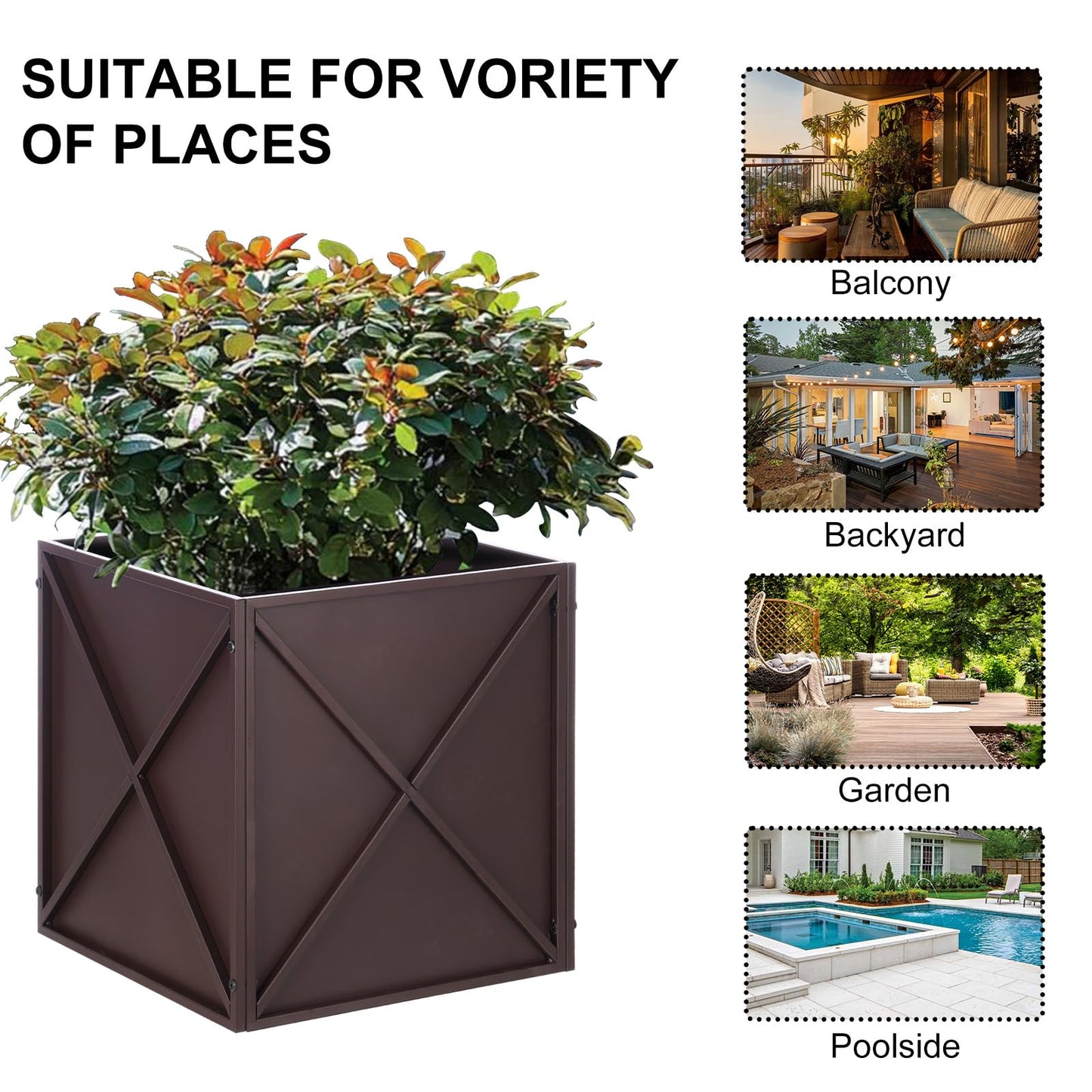SUNNYPARK Large Metal Planter Box 17”x 17”x 18”, Square Modern Brown Metal Planter Box Heavy Duty with Drainage Holes for Outdoor Garden Patio