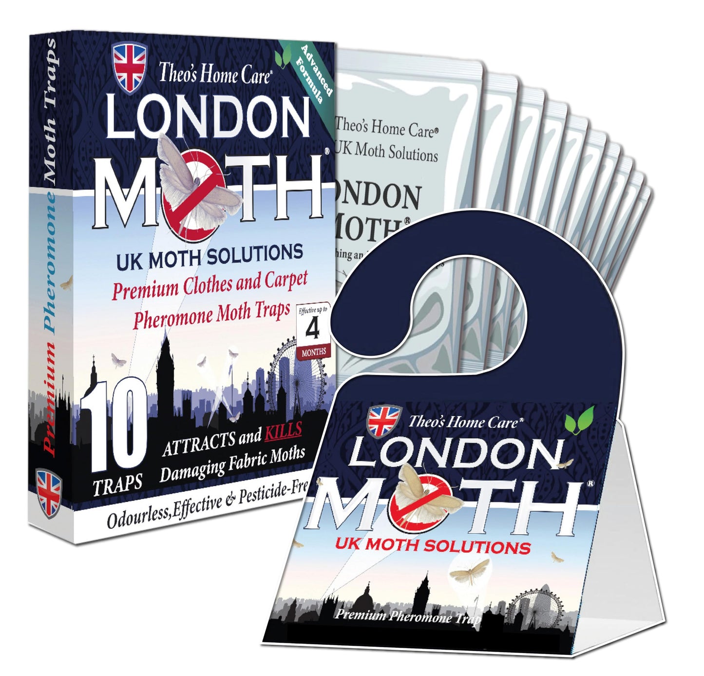 LONDON MOTH KILLER 10 (TEN) Premium Sticky Pheromone Moth Traps for the Common Clothes Moth and Similar Variants, for Wardrobes, Clothes and Carpets. inc. eBook