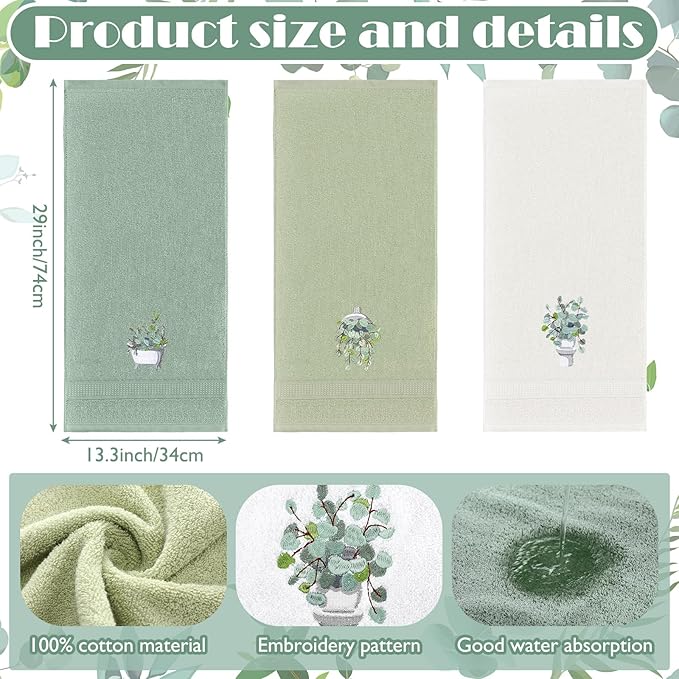 3 Pcs Eucalyptus Hand Towels Farmhouse Embroidered Botanical Bathroom Decor