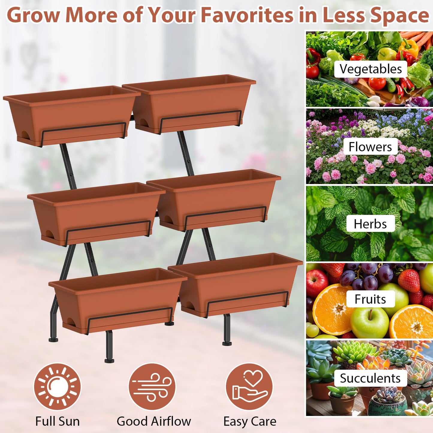 Sunexinlo 3-Tier Vertical Garden Planter with 6 Boxes, 31" Tall Raised Garden Bed with Adjustable Feet for Herbs, Flowers, Vegetables, Ideal for Indoor, Outdoor, Patio, Balcony, Deck Use, Brick Red
