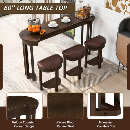 KEIKI 60" Solid Pine Wood Bar Table Set with 3 PU Stools Chairs, Long Bar High Top Dining Table & Upholstered Stools, Behind Couch Sofa Counter Height Pub Table for Breakfast, Kitchen Living Room