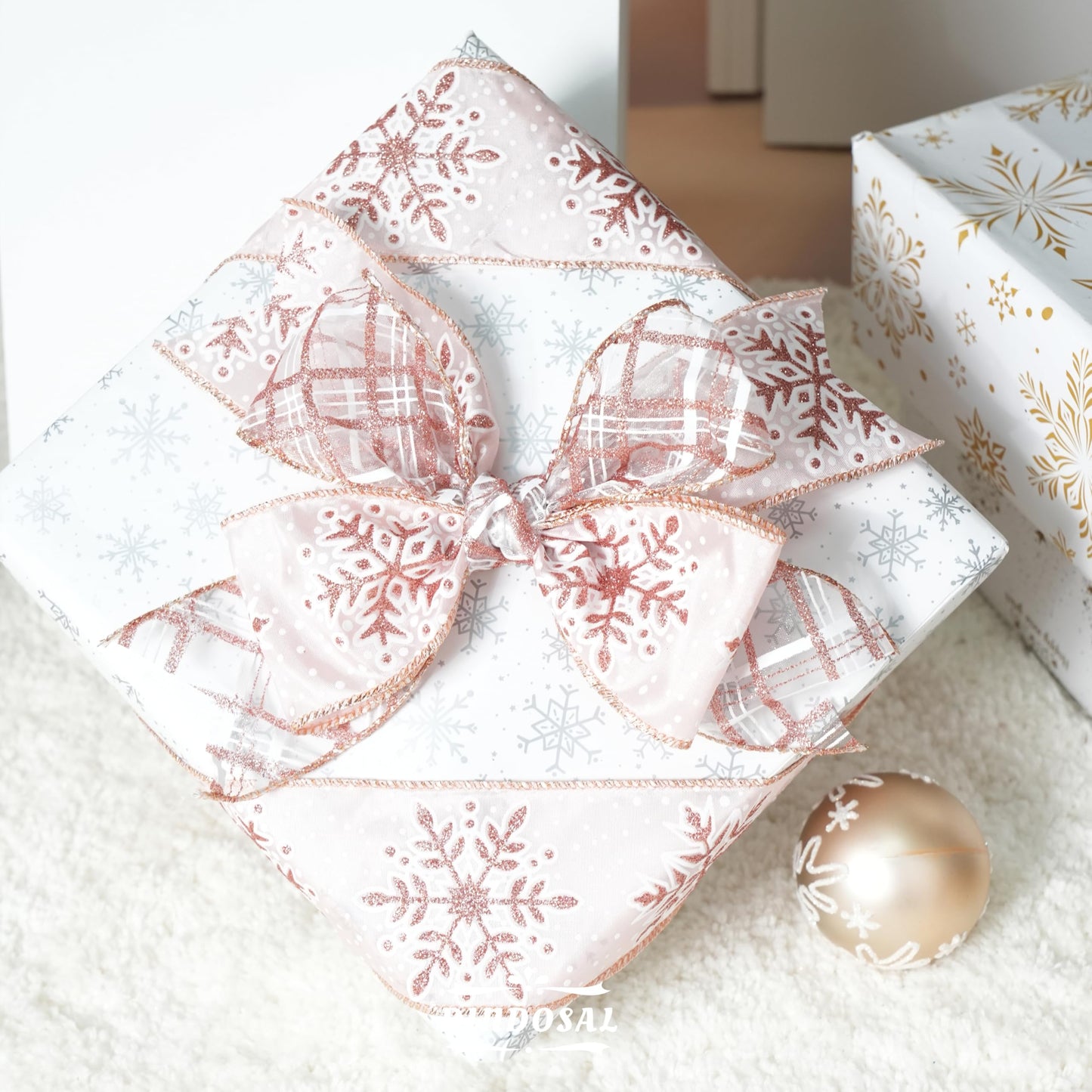 DINDOSAL Rose Gold Christmas Ribbon Wired 2.5" Pink Christmas Tree Ribbon Garland Rose Gold Glitter Wired Ribbon for Crafts, Wreaths, Topper Bows, Gift Wrapping, Home Decor (6 Rolls 36 Yards)