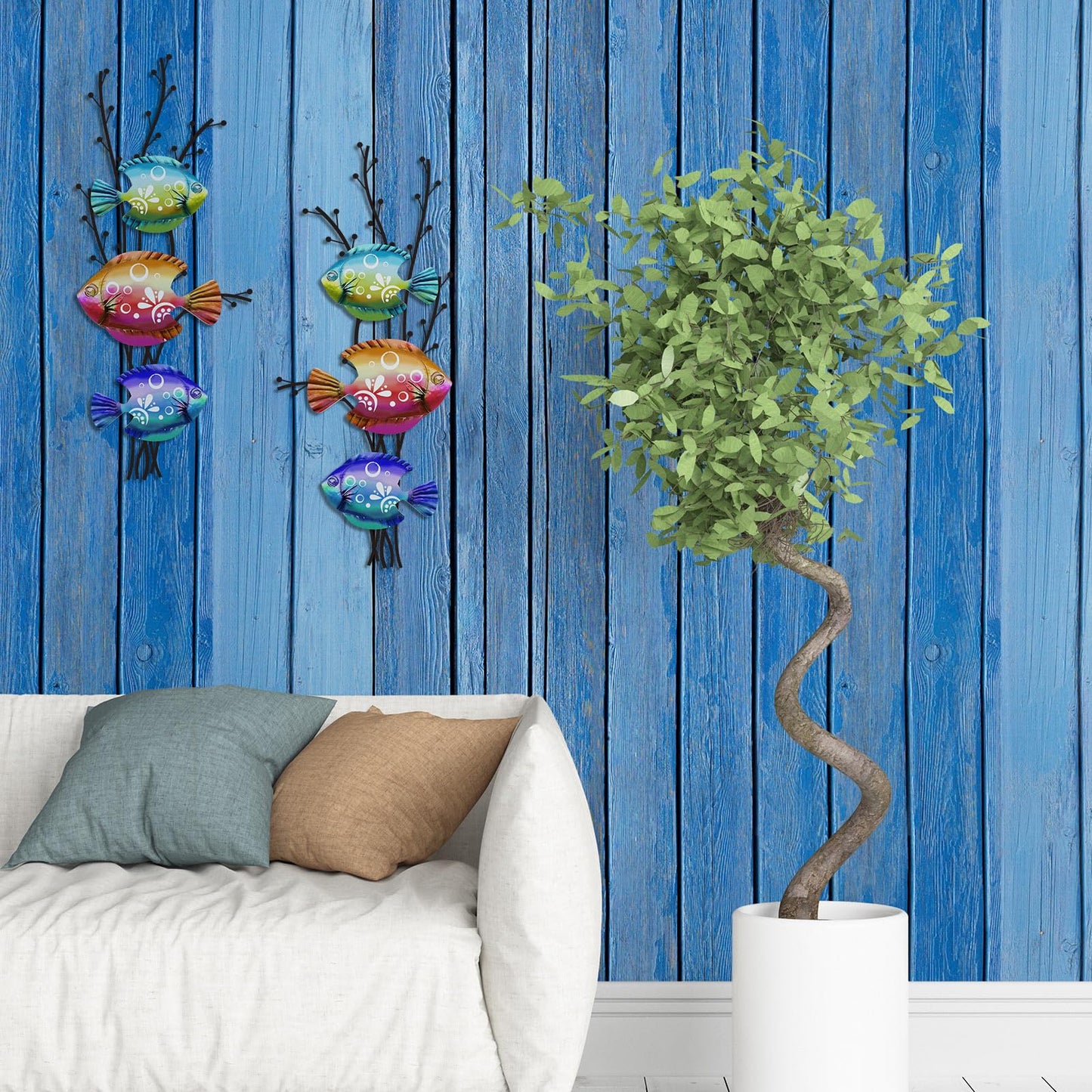 Landhoow 2 Pcs Coastal Wall Decor Metal Fish Wall Art Beach Ocean Sea Tropical Fish Art Nautical Hanging Sculpture for Summer Party Favor Indoor Outdoor Bedroom Living Room Kitchen