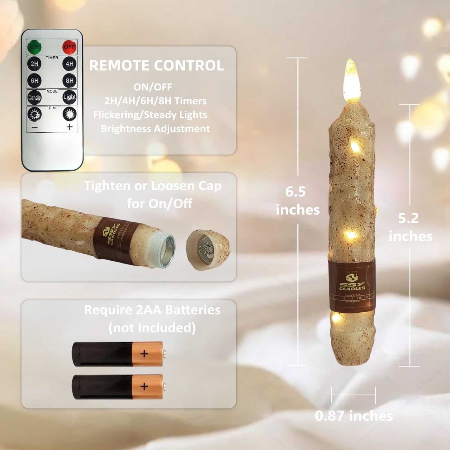 6.5 inch Natural Wood Color Flameless Taper Candles LED Flickering with 10-Key Remote, Battery Operated Led Warm 3D Wick Light Window Candles Real Wax Pack of 4, Christmas Home Wedding Decor