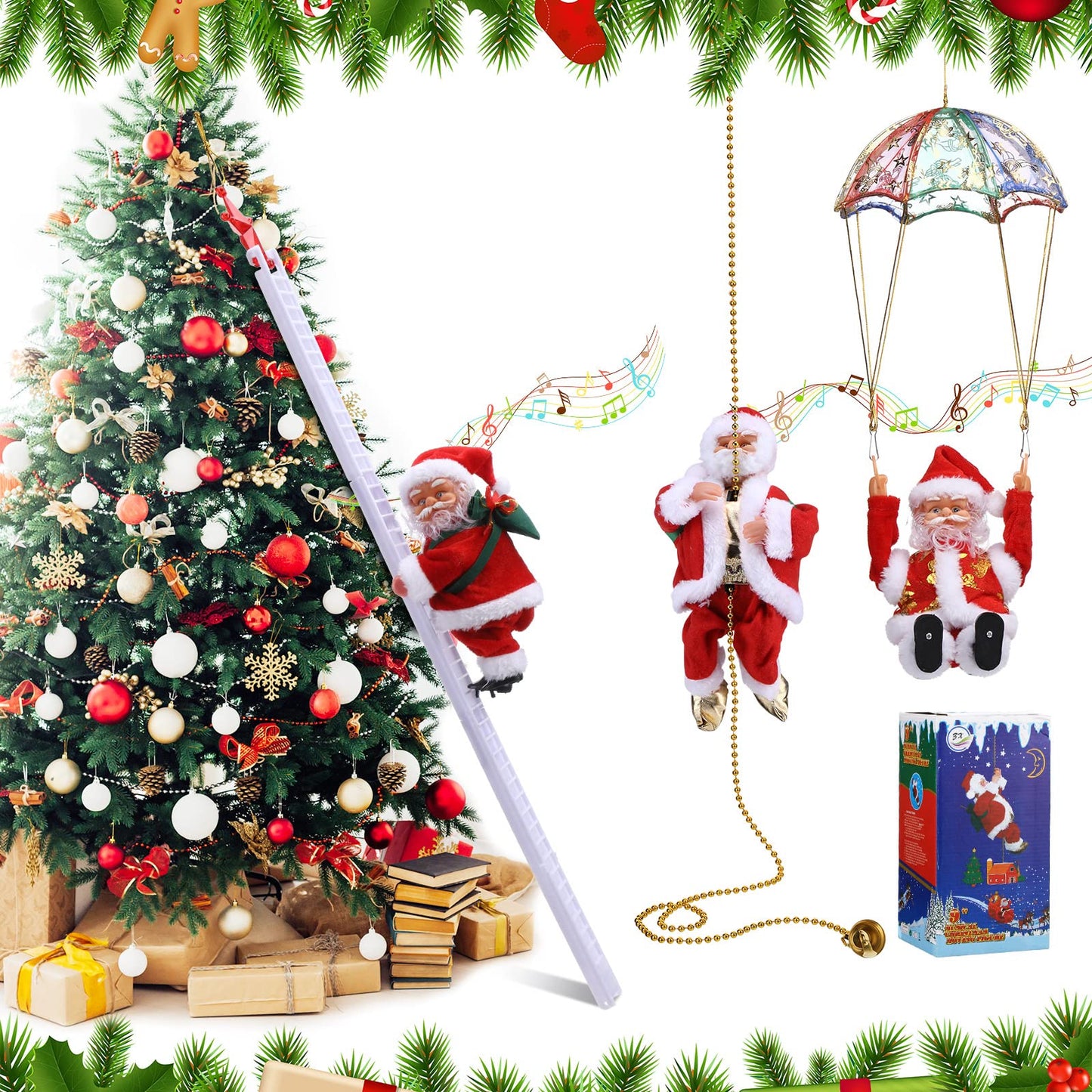 3 Pcs Electric Santa Claus Decoration - Rope Ladder Parachute Somersault Musical Santa Climbing Ladder Plush Doll Figurine Christmas Tree Hanging Ornaments Toys Xmas Gift