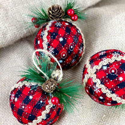Iceyyyy 9PCS Christmas Plaid Ball Ornaments - 2 Inch Black & Red Buffalo Plaid Fabric Ball Ornaments with Pine Cones and Greenery, Plaid Christmas Tree Hanging Balls Ornament Festive Decoration