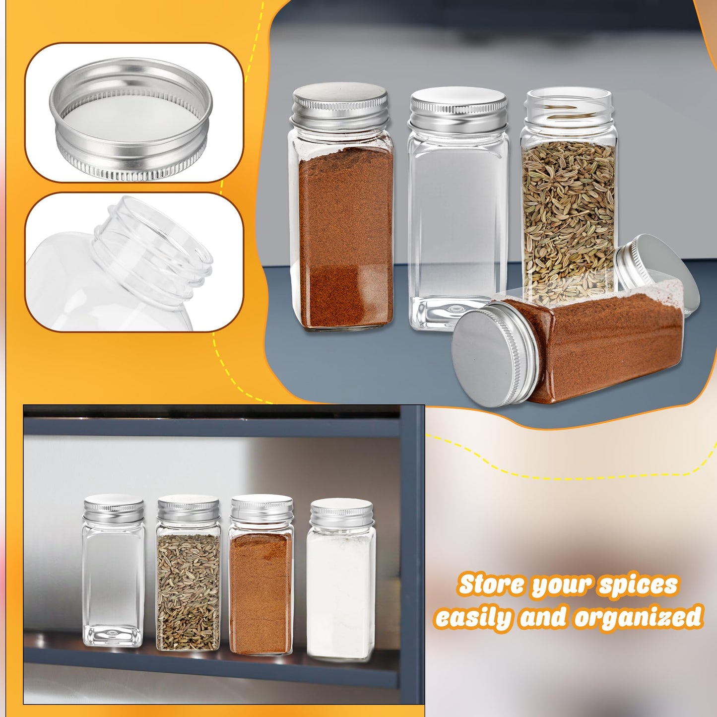 36 Pack 3.4 oz Plastic Spice Bottles with Stainless Steel Top Plastic Spice Jars Empty Square Seasoning Containers with Shaker Lids for Kitchen Storage
