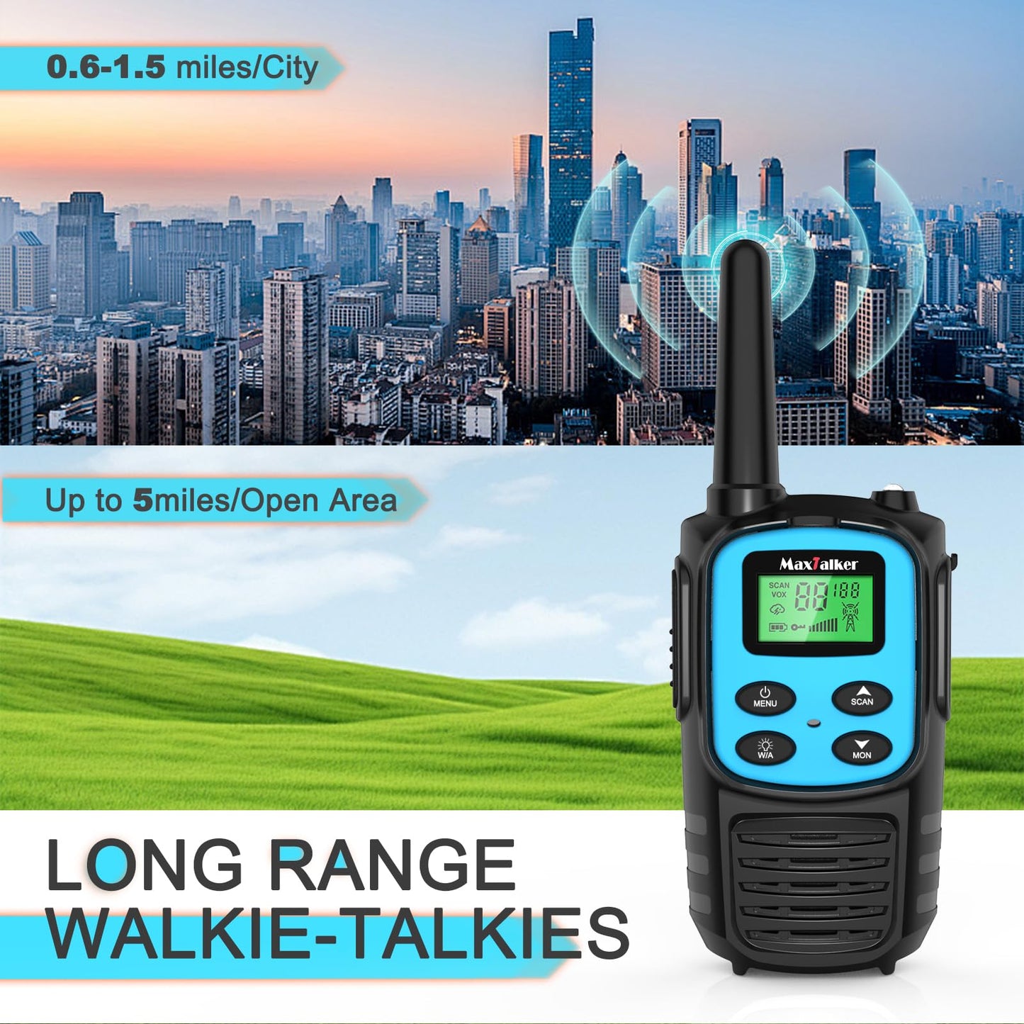 Walkie Talkies Long Range for Adult, MT10 Rechargeable Walkie Talkies FRS Two Way Radio, NOAA, 1200mAh Li-ion Battery USB-C Cable, LED Flashlight, VOX Walkie Talkie for Hiking Camping 2Pack