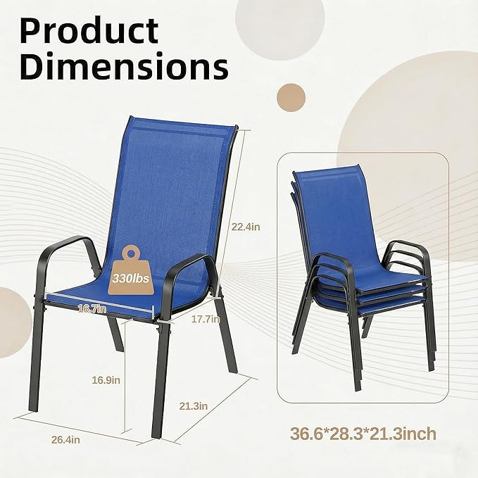 MAMIZO Patio Dining Chairs, Stackable All Weather Teslin Chair, Heavy Duty Outdoor Breathable Chairs Set, w/Armrests, Upgraded Chair FeetW/Strenthened Iron Spacers, 330 LBS (8, Navy Blue)