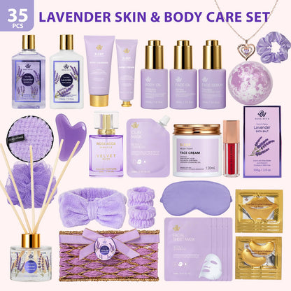 35 Pcs Mothers Day Gifts, Lavender Bath & Body Gift Basket for Women, Facial Skin Care Set, Home Spa Basket, Self-Care Set, Face Sheet Mask, Necklace, Birthday, Christmas,Anniversary