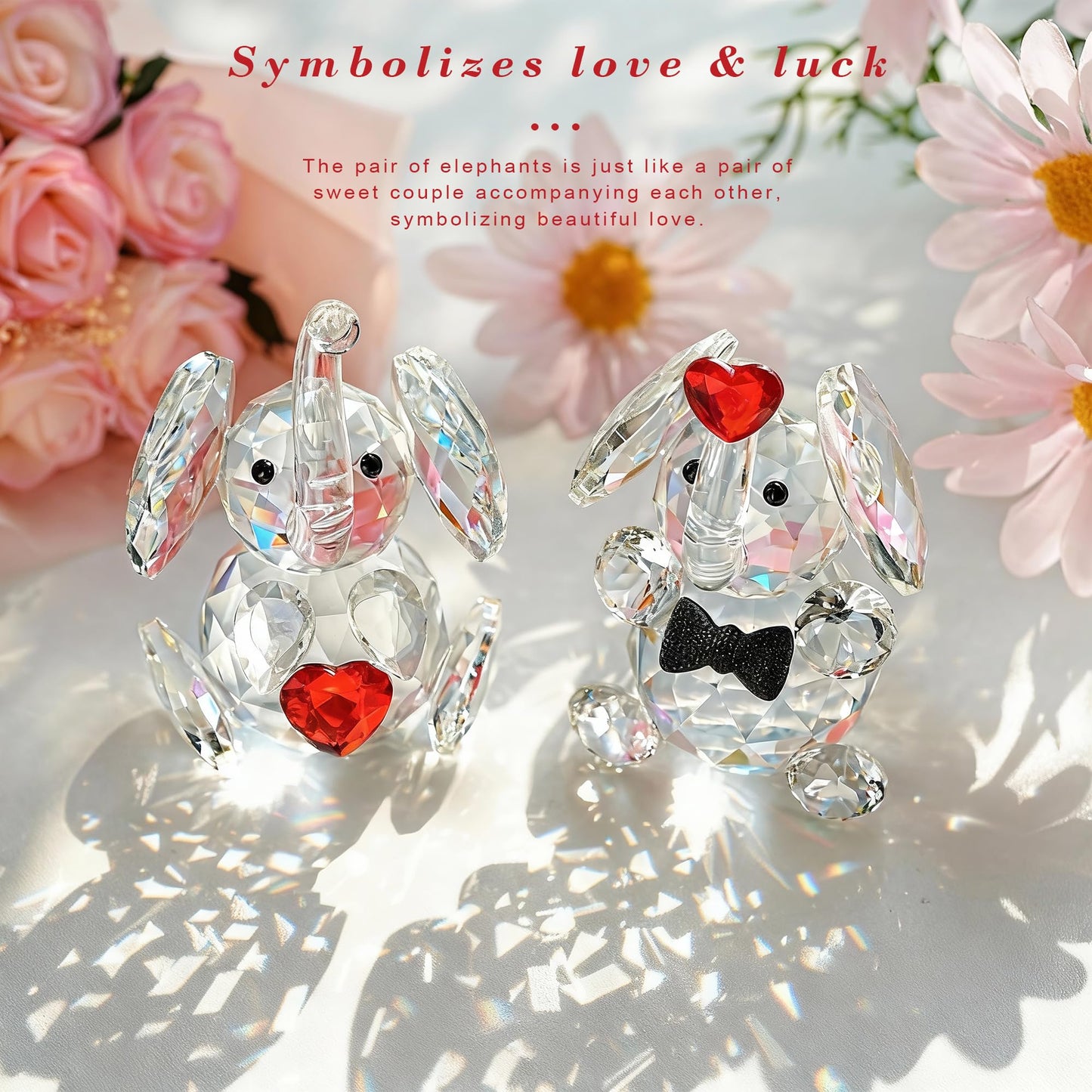 HDCRYSTALGIFTS Set 2 Crystal Elephant Figurines Gift for Women 3.5'' Miniature Glass Animals Collectible Valentine's Day Wedding Anniversary Tabletop Decoration