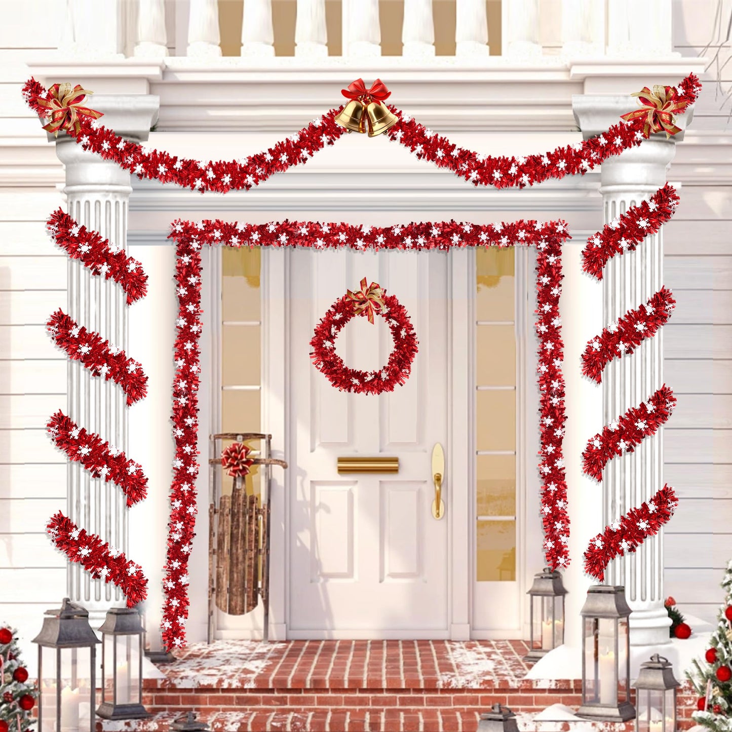 50 Feet Red Christmas Tinsel Garland with Snowflake Ornaments Metallic Twist Shiny Xmas Decorations Tree Garlands for Home Mantle Office Stair Indoor Outdoor Holiday Decor Party Supplies
