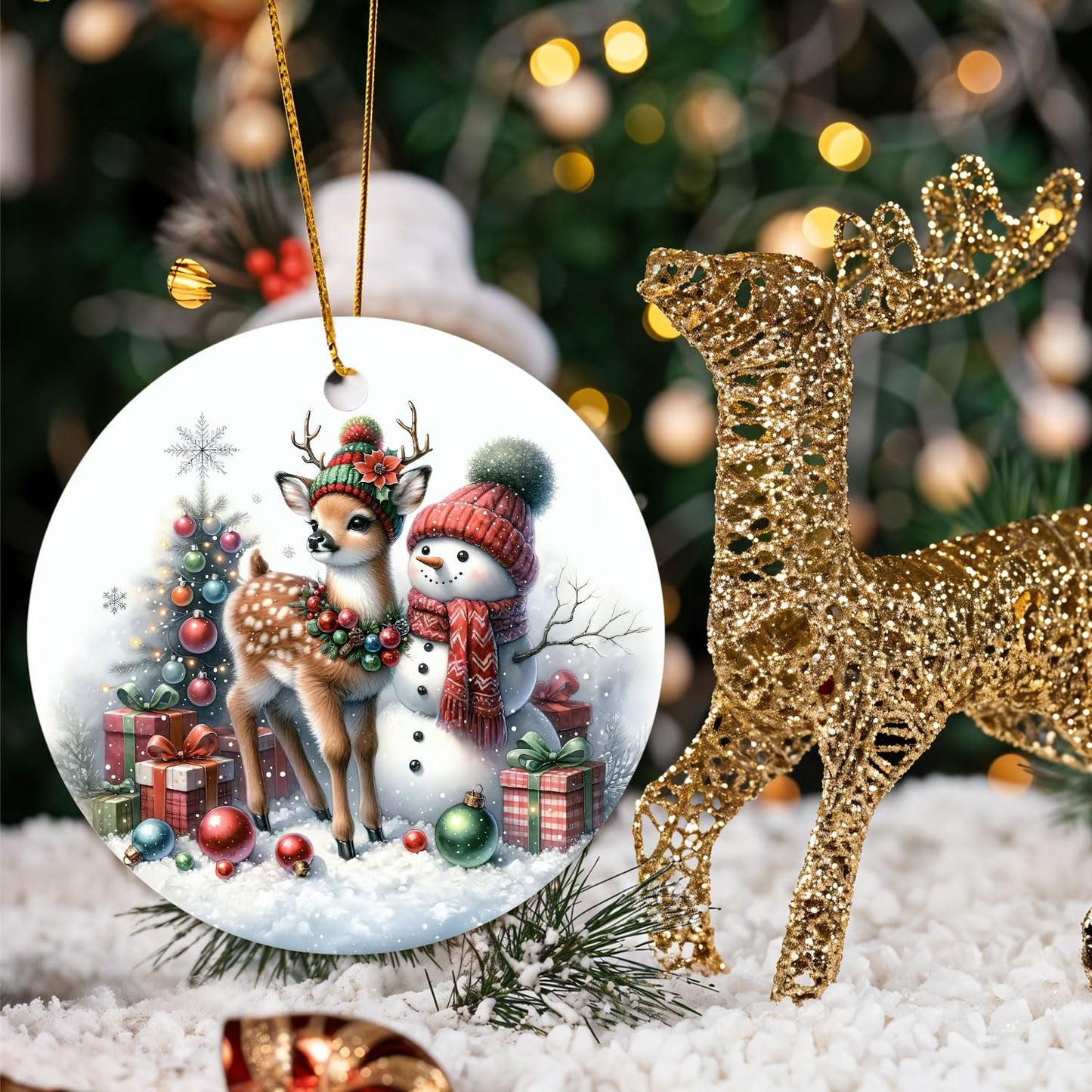 Reindeer and Snowman Christmas Ornaments for Tree - Decorative Hanging Deer Decor
