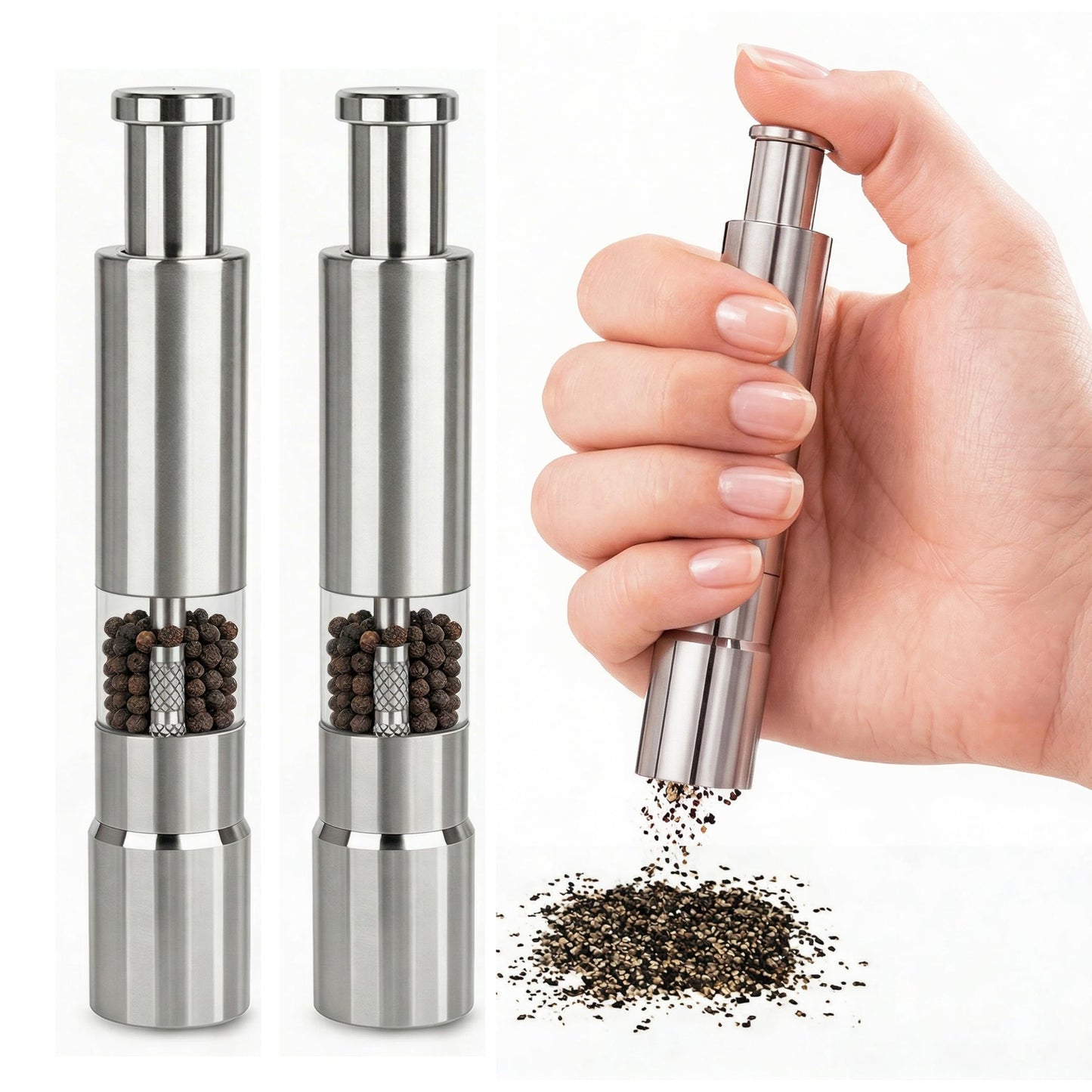 Keeshibao 2-PCS Stainless Steel Pepper Grinder, Salt and Pepper Grinder Set，Manual Push Button Black Pepper Grinder, Small Salt Grinder Refillable for Salt Spices,use for Kitchen Travel Camping