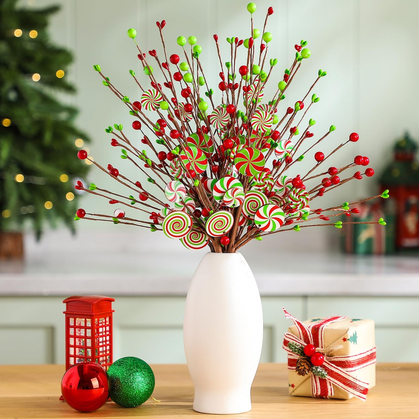 Janinka 8 Pcs Christmas Picks Red and Lime Green Candy Cane Decor Xmas Tree Picks Red Green Christmas Decorations Candy Xmas Tree Topper Lollipop Elf for Vase Fillers DIY Crafts Displays Home New Year